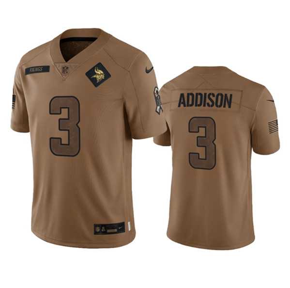 Men's Minnesota Vikings #3 Jordan Addison 2023 Brown Salute To Service Limited Football Stitched Jersey Dyin